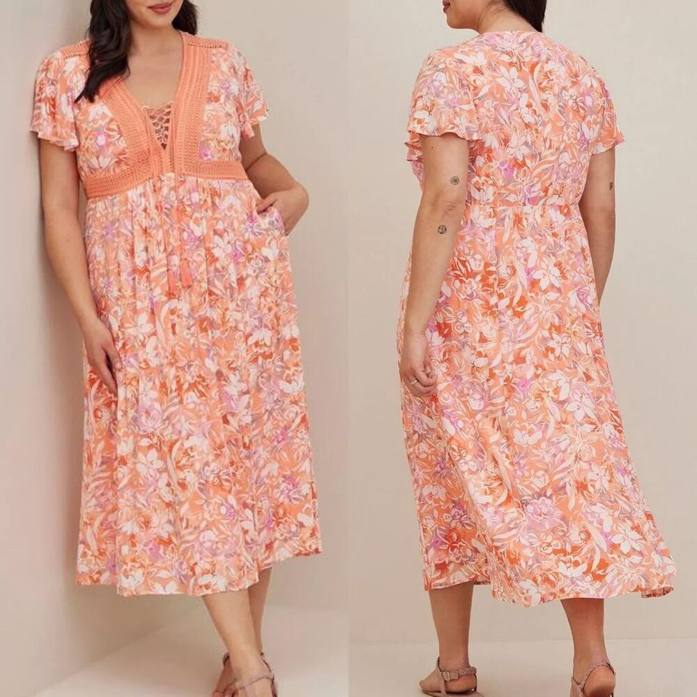 Torrid Midi Dress Floral Print Dress Lace Up Coral Orange Gauze Sz 2X NEW